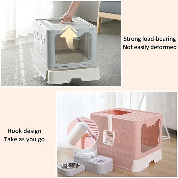 Cat Litter Box with Lid, Top Entry Cat Litter Box Pan, Enclosed Cat Potty, Anti-Splashing Cat Toilet, Foldable Litter Box Large Covered Cat Supplies with Scoop Brush and Garbage Bag