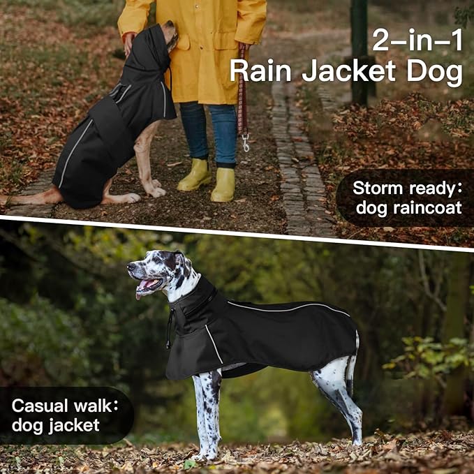 Dog Raincoat Waterproof , Reflective Adjustable Rain Jacket with Leash Hole, Convertible Hood/Collar Rain Coat for Dogs Poncho Breathable Lightweight (Black, XL)