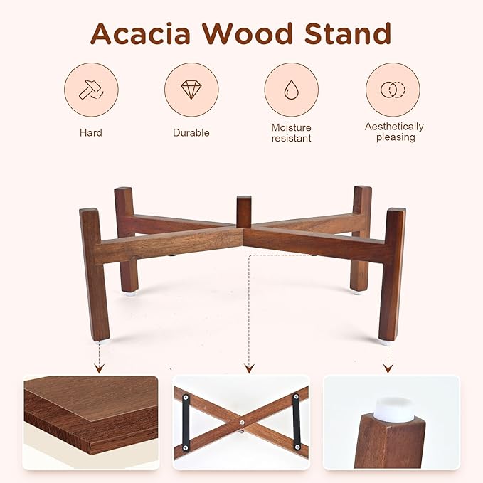 SPUNKYJUNKY Ceramic Dog Bowls with Acacia Wood Stand - Raised Dog Food and Water Bowl Set for Small to Medium Dogs (18.5cm)