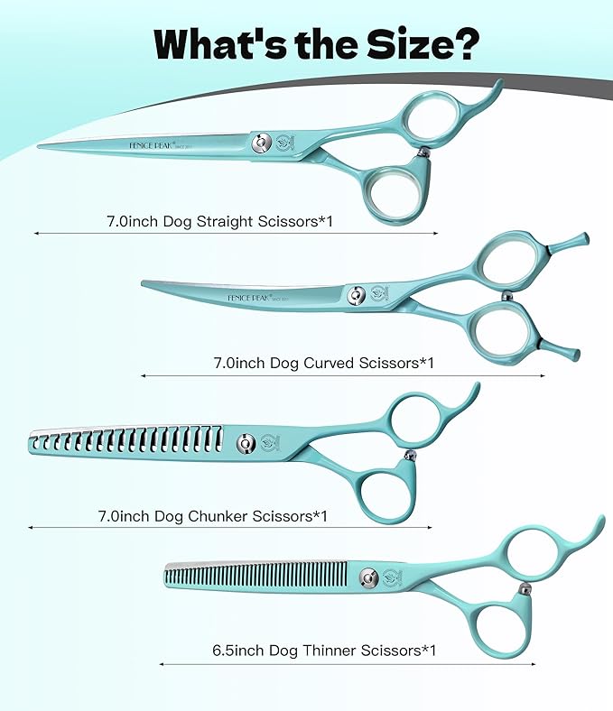 Fenice Peak 7" Professional Dog Grooming Scissors Set, Japanese 440C Stainless Steel Straight Thinning Curved Chunker Shears for Pet Grooming, Trimming Face, Paws, Green