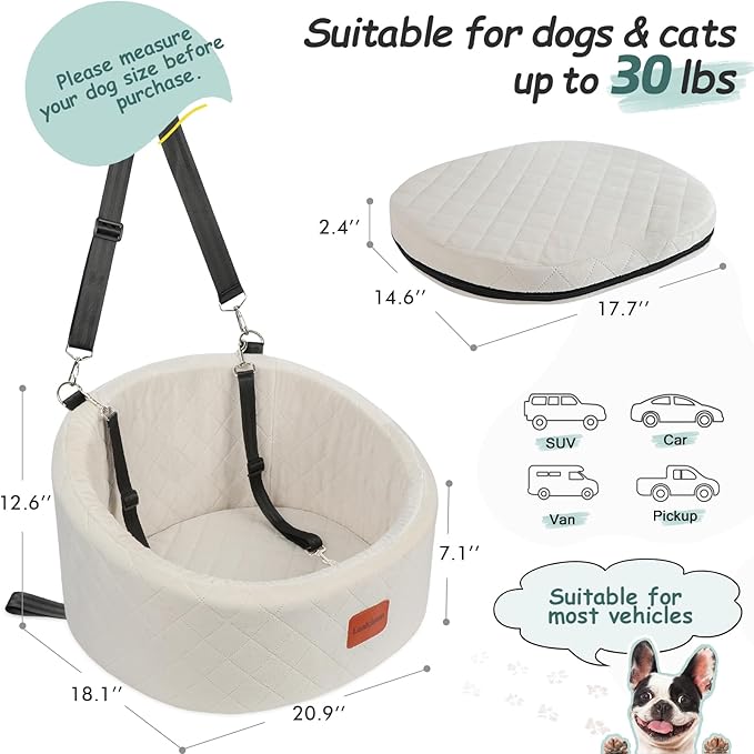 Dog Car Seat for Small Dogs Up to 30 Lbs,Ultra Soft Fabric Fill in Comfy Memory Foam,Happy Pet Ride,2 Safety Dog Leashes,Fully Detachable and Washable,Anti Slip Base(Beige)