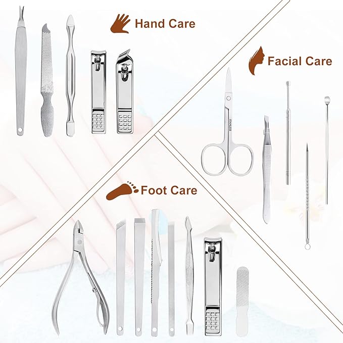 Nail Clippers Set 18 Pieces Stainless Steel Manicure Kit, Professional Grooming Kits, Nail Care Tools with Luxurious Travel Case