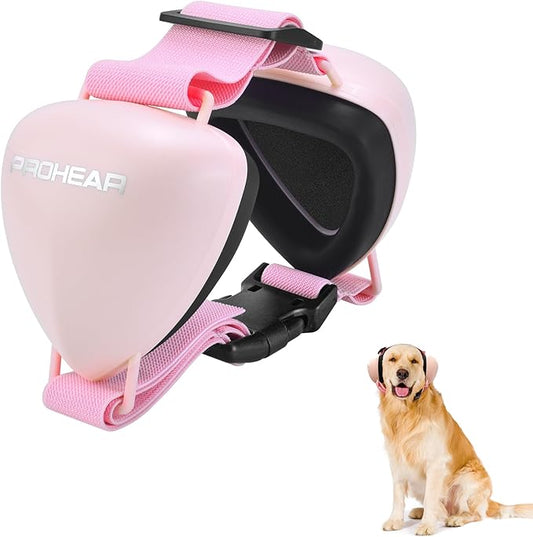 PROHEAR Dog Ear Muffs Hearing Protection for Dogs, NRR 28dB Noise Cancelling Headphones, Easy to Adjust Dog Hearing Protection Earmuffs for Thunder, Hunting, Tourism, Cars, Racing, Large, Pink
