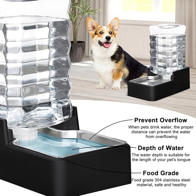 RIZZARI Stainless Steel Pet Water Feeder: 8L Automatic Leak-Proof Gravity Dispenser for Cats Dogs Indoor Outdoor Use（Black Without Filter,8L）