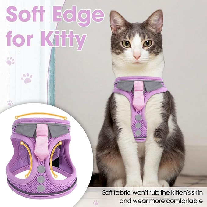 Cat Harness and Leash Set for Walking Escape Proof, Soft Adjustable Kitten Harness Breathable Mesh with Reflective Strips Harness for Kitty Puppy Bunny(Purple,S)