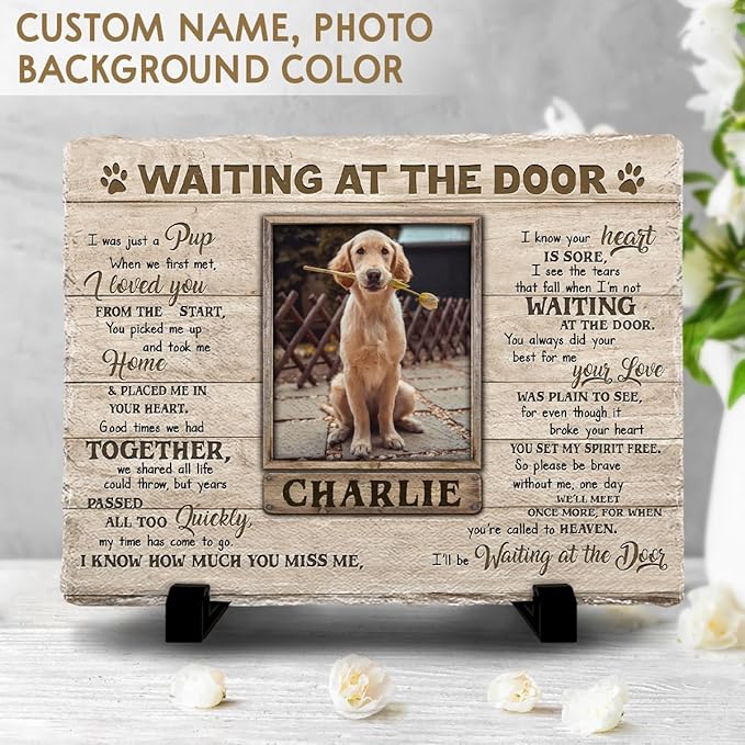 Personalized Dog Memorial Stone Plaque - Waiting at The Door, Sympathy Gift for Pet Lovers, Changing Colorful Background to Paint Loving Memory, Ideal Cat Mom Gifts