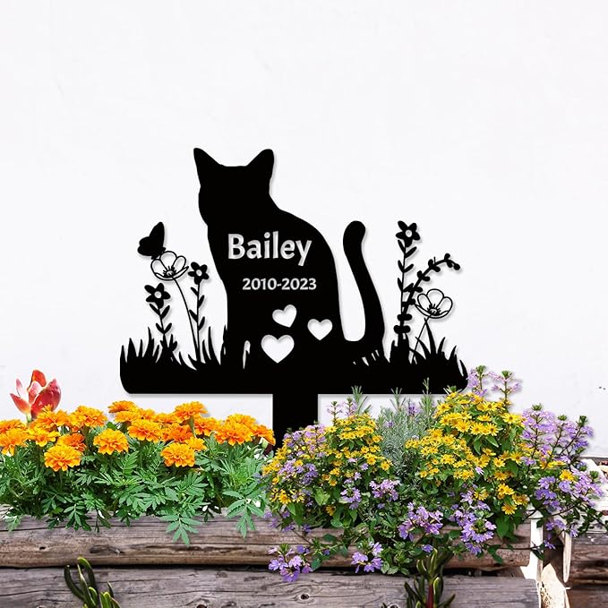 Custom Metal Cat Memorial Garden Stake Grave Marker, Personalized Flowers Cat Memorial Stake Grave Marker for Pet Grave Decor, Customized Cat Headstone Tombstone Outdoors Memorial Marker