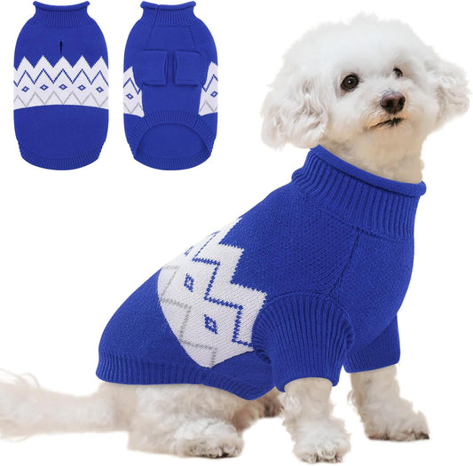 Queenmore Warm Dog Sweater, Soft Pet Knitwear, Knitted Pullover, Winter Pet Clothes for Small Medium Dogs Cats Blue