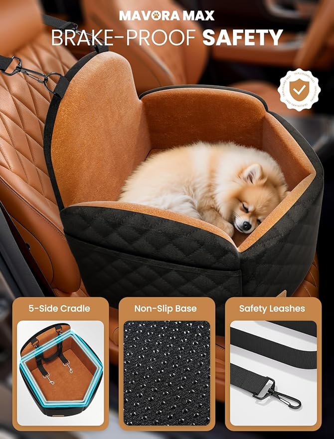 (Up to 35lbs Small/Medium Dog Car Seat Booster Dog Seat for Car Portable with Adjustable Seatbelts Pet Travel Car Bed Seat for SUV, Truck, with Memory Foam Cushion (Black/Brown)