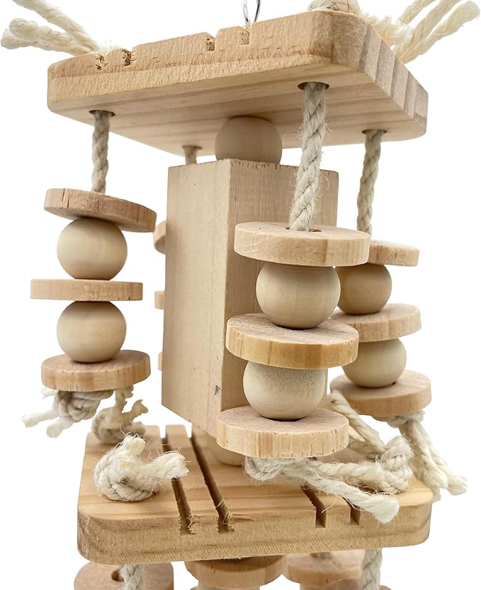 Dye-Free Block & Knot Chewing Toys for Medium and Large Parrots - Natural Wooden Bird Toys for Parakeet, Conures, Cockatiels, African Greys, Cockatoos, Amazon Parrots, Quakers