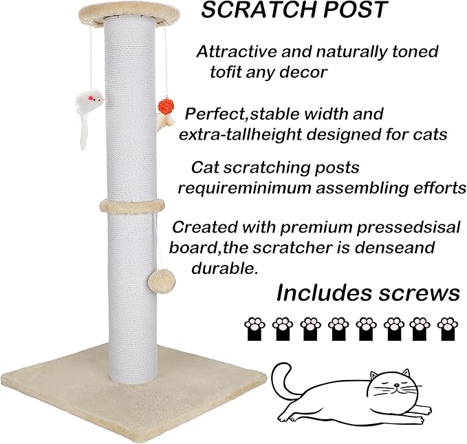 36.5 Inch Cat Scratching Post Heavy Duty Cat Scratch Post Handmade Cotton Rope with Hanging Toys for Ultimate Cat Fun(Beige)