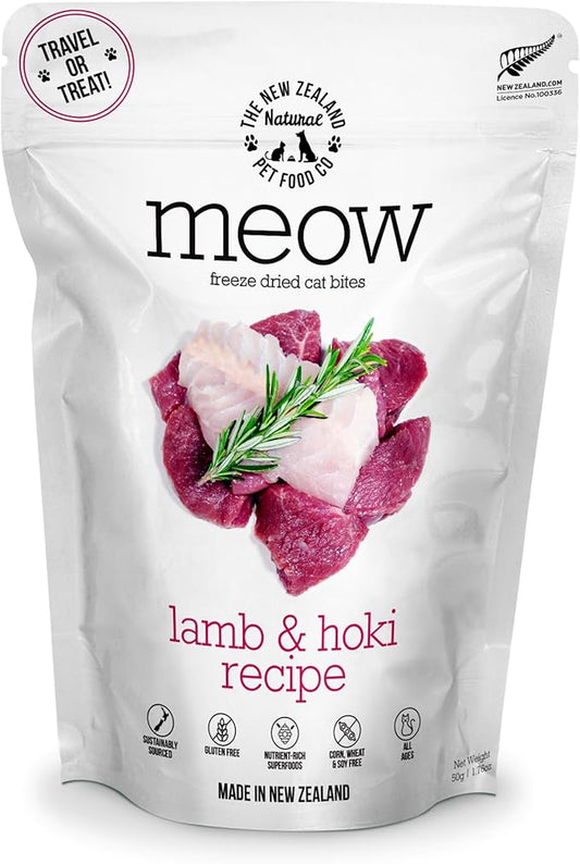 The New Zealand Natural Pet Food Co Meow Freeze Dried Cat Food - Lamb & Hoki Recipe, High Protein Treats, Meals & Toppers, Dry Cat Food,1.76 oz