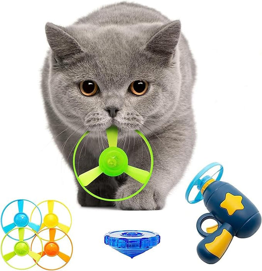 7 Piece Cat Fetch Toys, Interactive Flying Cat Toy with 5 Flying Propellers,1 Spinning Tops, Dog Cat Pet Tracks Chasing Toy for Indoor Cats (Dark Blue)