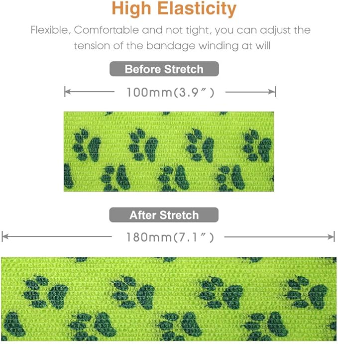 AUPCON Vet Wrap Cohesive Bandages Bulk Self Adhesive Bandage Wrap Self Adherent Wrap Non-Woven for Dogs Pet Animals & Ankle Sprains & Swelling 2 Inch x 5 Yards (3 Inch Print Claw)