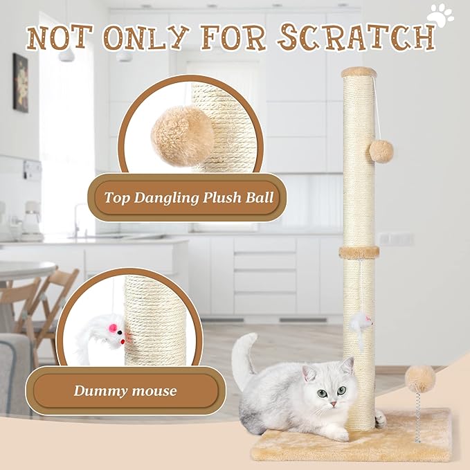 ANWA 32" Tall Cat Scratching Posts for Indoor Cats, 3-in-1 Vertical Cat Scratching Post with Plush Toys, Premium Sisal Post for Cats at All Ages with Reinforced Stable Base, Beige