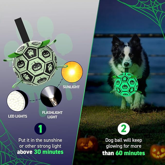QDAN Glow in The Dark Halloween Dog Toys, Dog Ball with Straps, Soccer Ball for Dogs, Outdoor Dog Toys, Dog Birthday Gifts, Halloween Pet Toys for Medium to Large (8Inch)