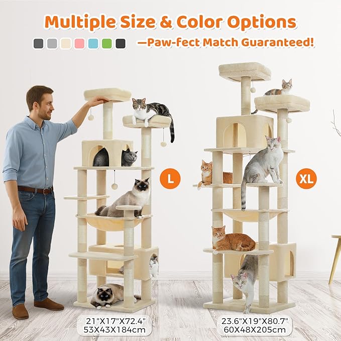 PAWZ Road Heavy Duty Cat Tree for Large Cats, 81 Inches Tall Cat Tower with 2 Perches, 2 Condos and Spacious Hammock, XL Extra Large Condo with 7 Scratching Posts for 20lb+ Adult Cats,Beige