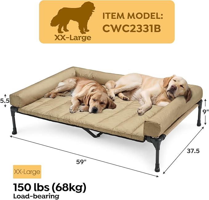 Veehoo Cooling Elevated Dog Bed Add Removable Waterproof Bolster Cushion Mat, Raised Pet Cot with Breathable Teslin Mesh, No-Slip Feet, Dog Couch Bed for Indoor Outdoor, 59x37.5inches, Beige, CWC2331B