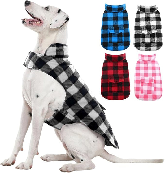 Kuoser Dog Winter Coat, Windproof Dog Fleece Jacket British Style Plaid Cold Weather Doggie Vest Coats, Reversible Cozy Warm Pet Clothes Apparel for Large Size Dogs L