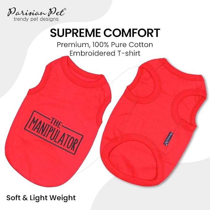 Parisian Pet Dog Tshirt - Embroidered “ Manipulator “ Tank Top - Breathable and Lightweight Dog Clothes - Sleeveless Red Tee Shirts - Machine Washable Shirt for Medium Dogs - M