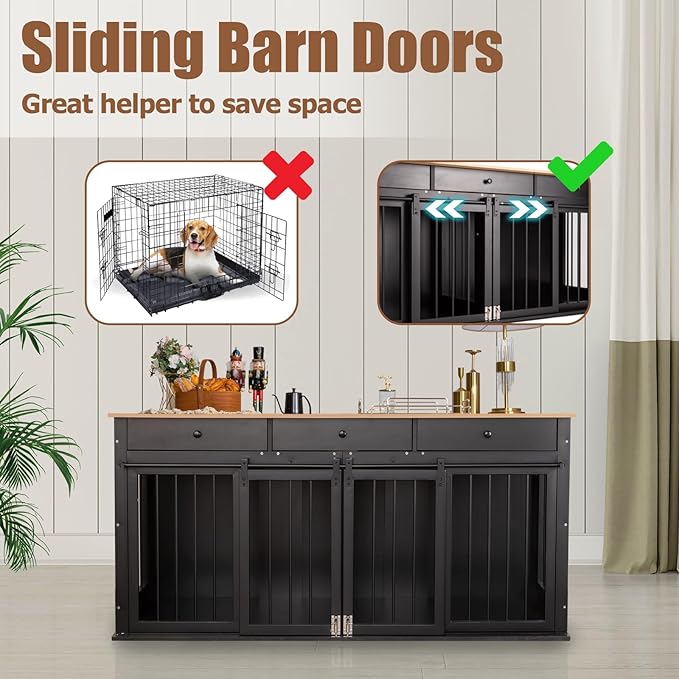 Sunseen Dog Crate Furniture Large Breed Wooden Dog Kennel with Room Divider & 3 Drawer,Double Doors Heavy Duty Dog Crate End Table Indoor TV Stand for Small Medium Large Dog Black,72''W*24''D*35''H