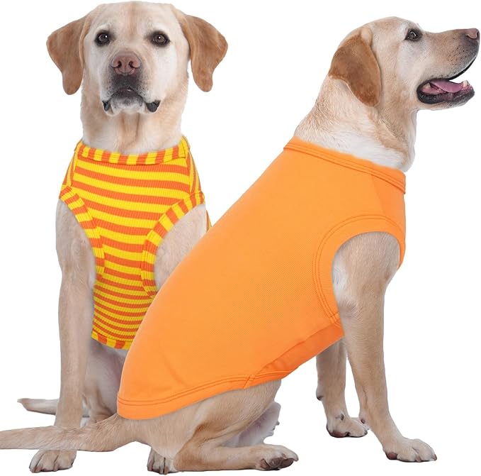 IECOii 2 Pack Summer Dog Clothes for Large Dogs,Breathable Stretchy Pet T-Shirts Lightweight Tank Top Sleeveless Vest for Outdoor Sun Protection - Fit for Large Breeds Labrador,Orange+Stripes,3XL