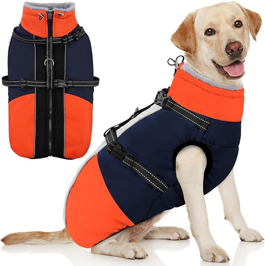 AOFITEE Dog Coats for Large Dogs, Waterproof Dog Winter Jacket with Harness Built in, Warm Large Dogs Coat with Fleece Lined, Zip Up Pets Jackets for Golden Retriever, Weimaraner, Blue 2XL
