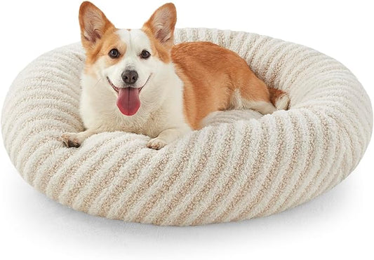 MIXJOY Calming Dog Beds Large Sized Dogs - Washable Donut Large Dog Bed with Removable Zipper Cover, Round Fluffy Plush Faux Fur Pet Bed with Anti-Slip Bottom, 36"x36"x10", White