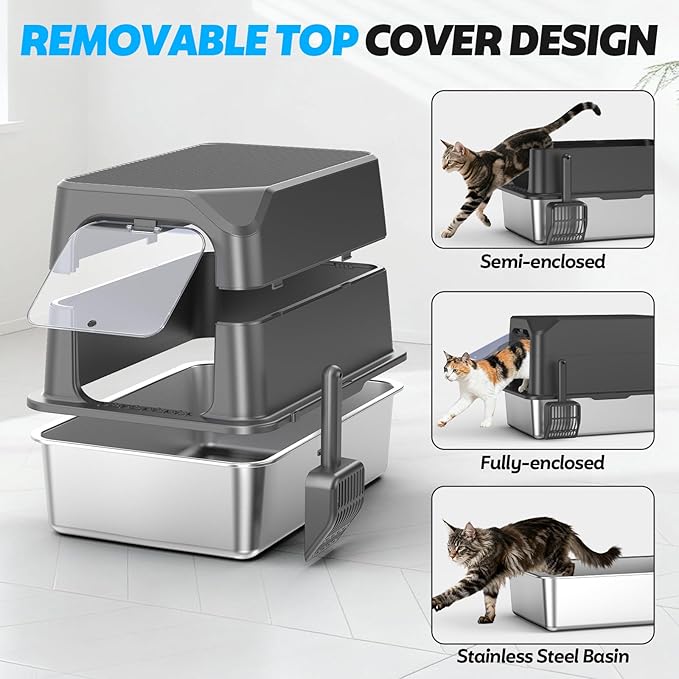 Enclosed Stainless Steel Cat Litter Box with Lid, XL Extra Large Litter Box for Big Cats, Metal Litter Pan High Sided, Never Absorbs Odors, Anti-Urine Leakage, Include Scoop (Dark Grey)