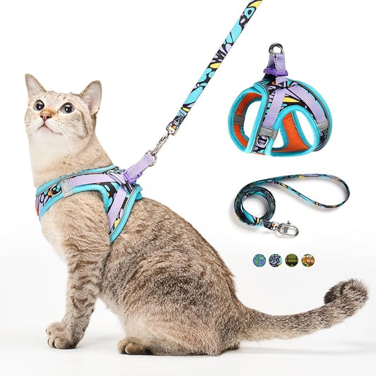 Cat Harness and Leash Set, Step-in Escape Proof Adjustable Vest Harness for Small Medium Large Cats, Lightweight Soft Breathable Reflective Kitten Harness for Walking Travel, Camping(Blue, S)