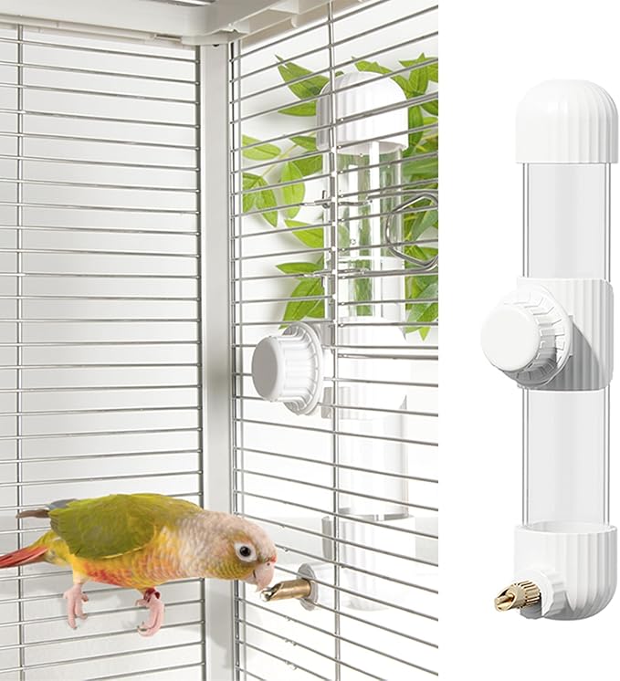 9.4 Fl Oz No Mess Bird Water Dispenser, Automatic Parrot Water Feeder with Spring Valve, Clear Cage Water Drinker for Parakeets Cockatiels Budgies Finch Lovebirds & Canary (White, 9.4 fl oz (280ml))