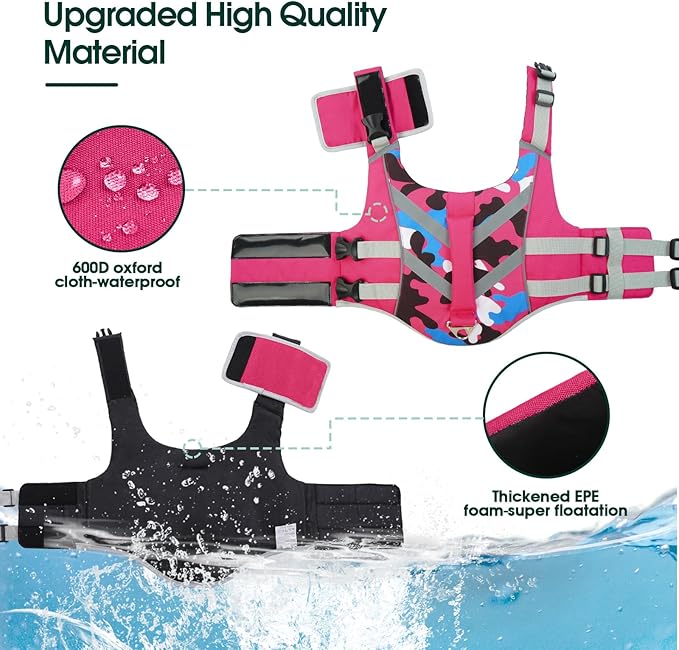 Kuoser Dog Life Jacket with Reflective Stripes - Adjustable High Visibility Vest, Ripstop Lifesaver, Pet Preserver with High Flotation Swimsuit for Small, Medium and Large Dogs