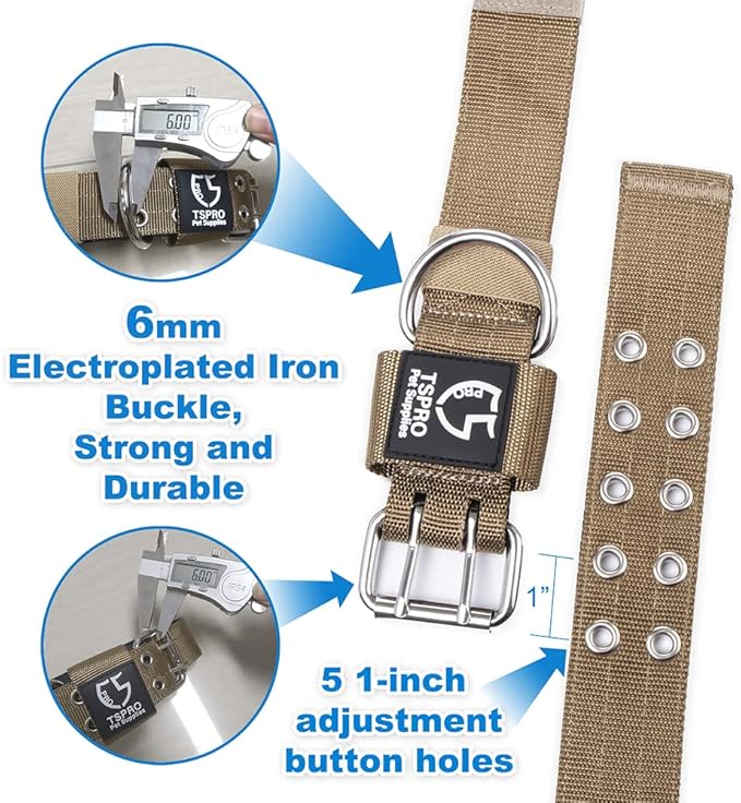 TSPRO Tactical Dog Collar, Adjustable, with Patch & Double Needle Metal Buckle, Heavy Duty for Medium to Large Dogs, Durable for Walking, Running, Hiking & Training (Khaki M+)