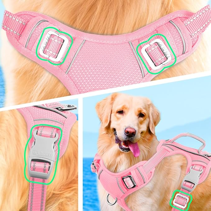 BARKBAY No Pull Dog Harness Large Reflective Dog Harness with Front Clip and Easy Control Handle for Walking Training Running with ID tag Pocket(Baby Pink,L)