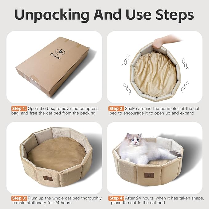 Cat Bed Kitten Bed, Washable Round Cat Beds for Indoor Cats, Super Soft Faux Rabbit Fur Small Kitten Bed for Puppy and kitten, Fluffy Inner Mat Filling Memory Foam with Anti-Slip Bottom (khaki)