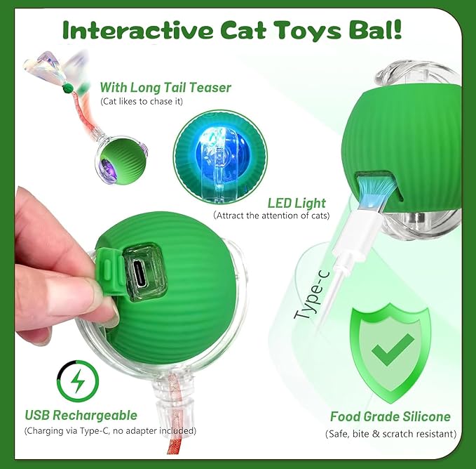 Interactive Cat Toys for Indoor Cats, Speedy Moving Ball Cat Toys with Colorful Tail, Smart Interactive Cat Rolling Ball (Green)