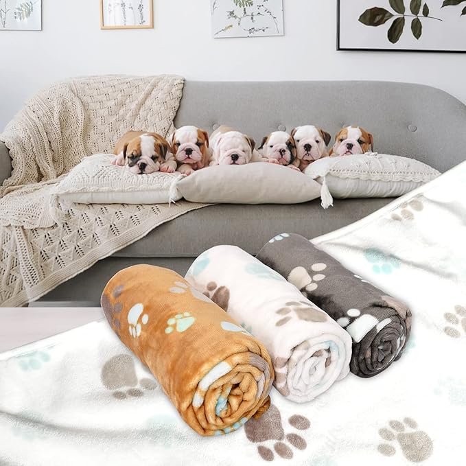 Rezutan Upgraded Dog Blankets for Medium Dogs, 3 Pack Dog Cat Blanket Washable, Soft Pet Throw Cover Suitable for Kennel Crate Bed, Cute Paw Pattern, 30"x20" Grey/Brown/White