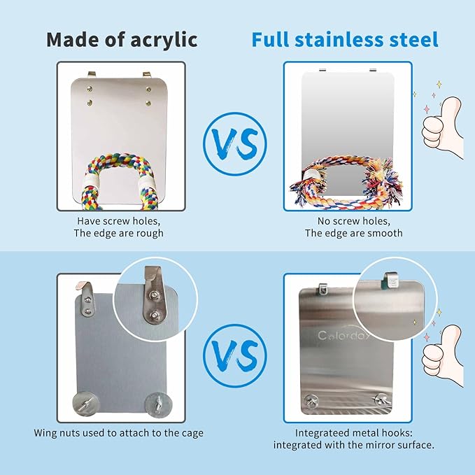 Colorday 7" Bird Mirror with Rope Perch, Bird Swing, Parrot Cage Toys for Parakeet African Grey Conure Cockatiel Lovebird Finch Canarie, Medium