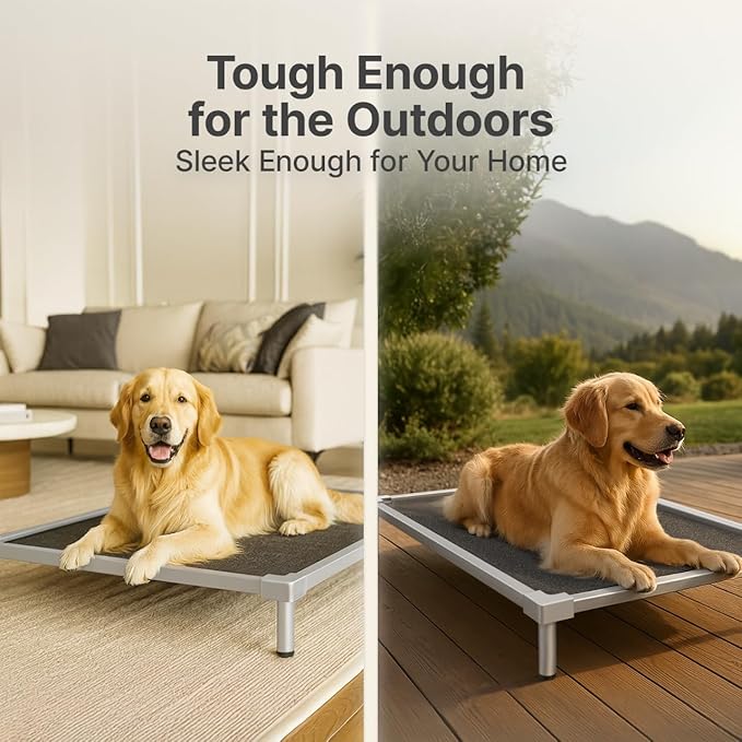 Premium Elevated Dog Bed， Heavy Duty Dog Bed 250lbs Capacity Tough Pet Bed with Anti-Rust Aluminum Frame Chew Proof Design Washable Easy Assembly for Crate Outdoor for Medium Sized Pet -M