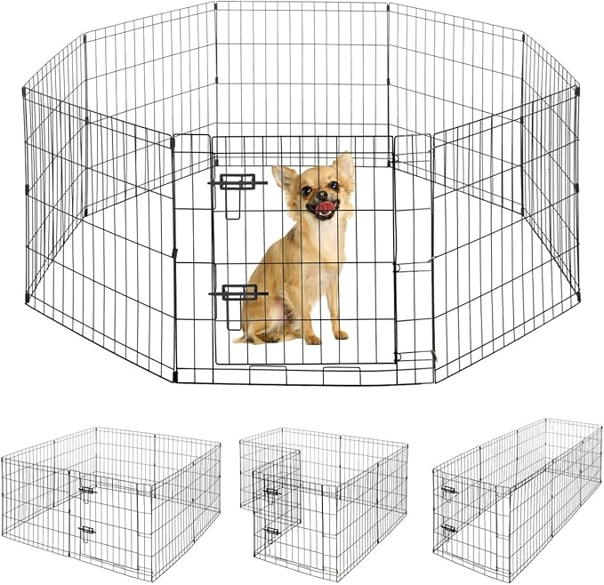 Foldable Outdoor/Indoor Pet Playpen with Gate, Available in 24 Inch Height Metal Portable Kennel, Heavy-Duty Exercise Fence Cage 8 Panels for Small Dog, Animals
