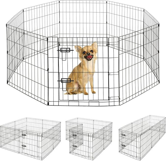 Foldable Outdoor/Indoor Pet Playpen with Gate, Available in 24 Inch Height Metal Portable Kennel, Heavy-Duty Exercise Fence Cage 8 Panels for Small Dog, Animals