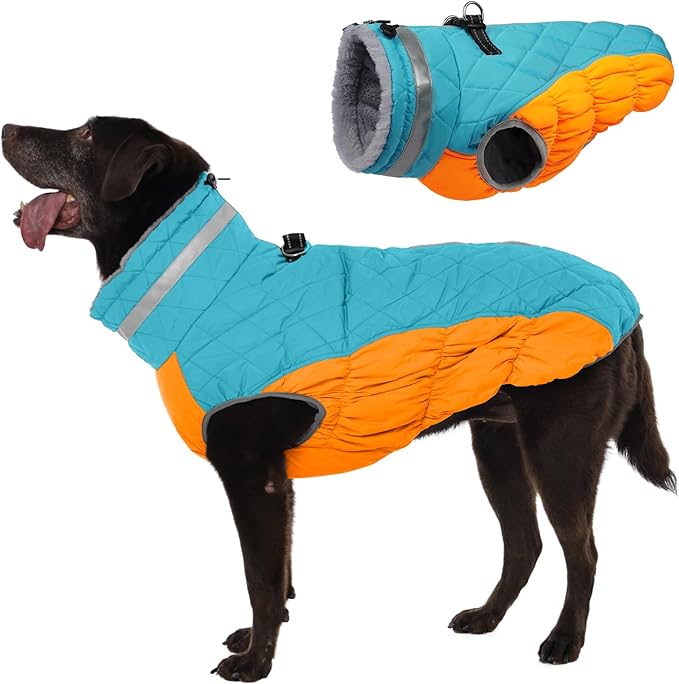 Warm Dog Coats for Large Dogs, Waterproof Dog Jacket with Harness Built in, Zipper Clousure, Fleece Lining, Turtleneck, for Cold Weather, Pet Snowsuit for Border Collie, Golden Retriever- XXL