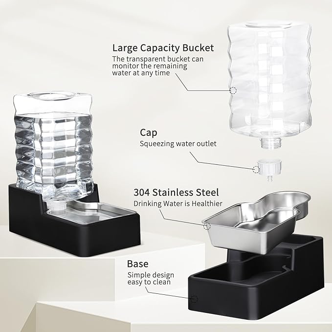 RIZZARI Stainless Steel Pet Water Feeder: 8L Automatic Leak-Proof Gravity Dispenser for Cats Dogs Indoor Outdoor Use（Black Without Filter,8L）