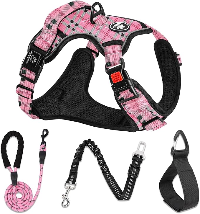 NESTROAD No Pull Dog Harness with Leash, Reflective No Choke Pet Vest Harness,Adjustable Soft Padded Dog Harness with Easy Control Handle for Large Dogs(Checkered Pink,Large)