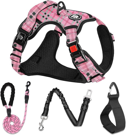 NESTROAD No Pull Dog Harness with Leash, Reflective No Choke Pet Vest Harness,Adjustable Soft Padded Dog Harness with Easy Control Handle for Large Dogs(Checkered Pink,Large)