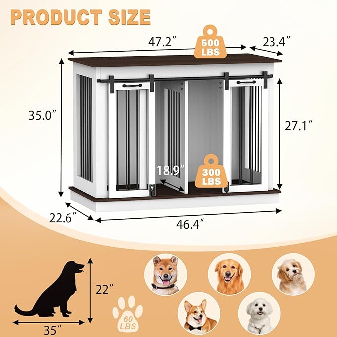 RQZ Double Dog Crate Furniture for 2 Dogs Heavy Duty Wood Dog Cage Table with 2 Sliding Doors and Removable Divider Dog Kennel Indoor for Medium Large Dogs (47" L x 24" W x 35" H)