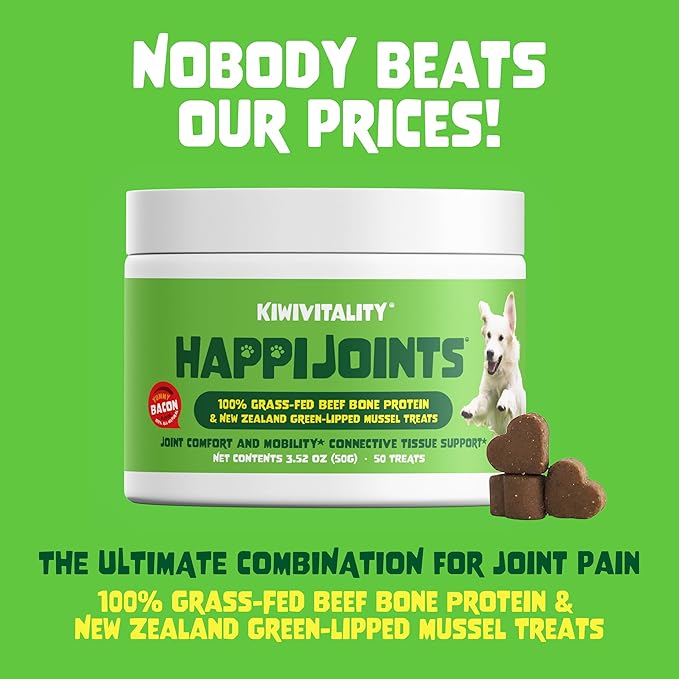 HappiJoints Hip and Joint Supplement Treats for Dogs, Cats • 100% Grass-Fed Beef Bone Collagen New Zealand Green-Lipped Mussels • 50 Treats