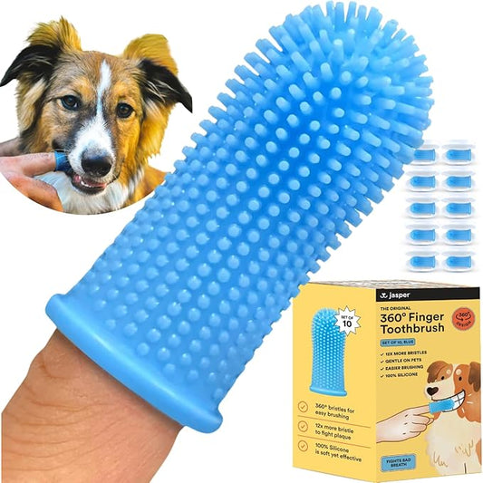 Jasper Dog Toothbrush, 360 Degree Pet Tooth Brushing Kit, Cat Toothbrush, Canine Dental Care & Teeth Cleaning Kit, Pet Finger Tooth Brush, Use with Dog Toothpaste, 10-Pack Blue