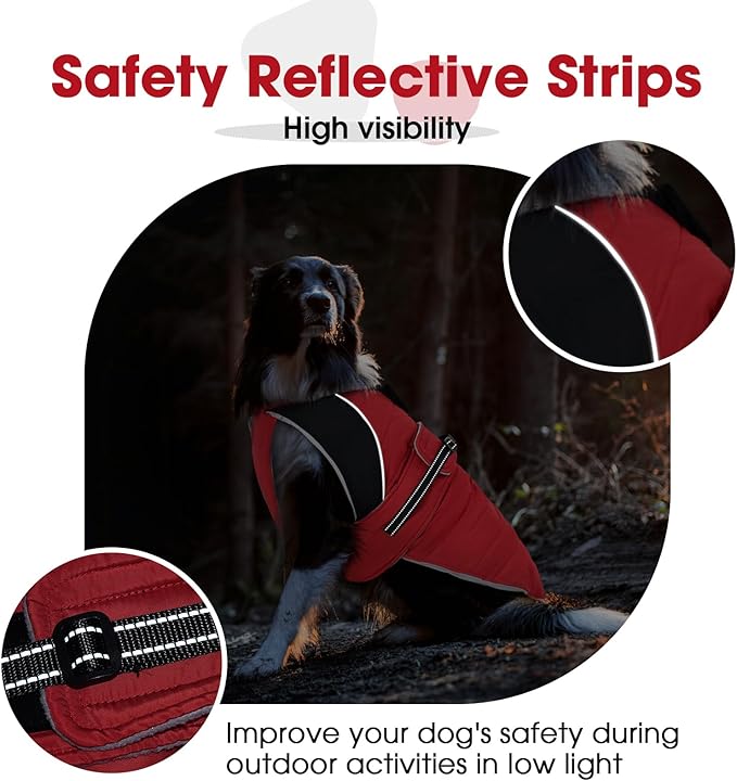 Nanaki Large Dog Coats for Winter Waterproof, Warm Fleece Lining Reflective Large Dog Jacket with Leash Hole,Furry Collar Cold Weather Puppy Jacket Outdoor Walking Hunting Easy On Pet Snow, Red 2XL