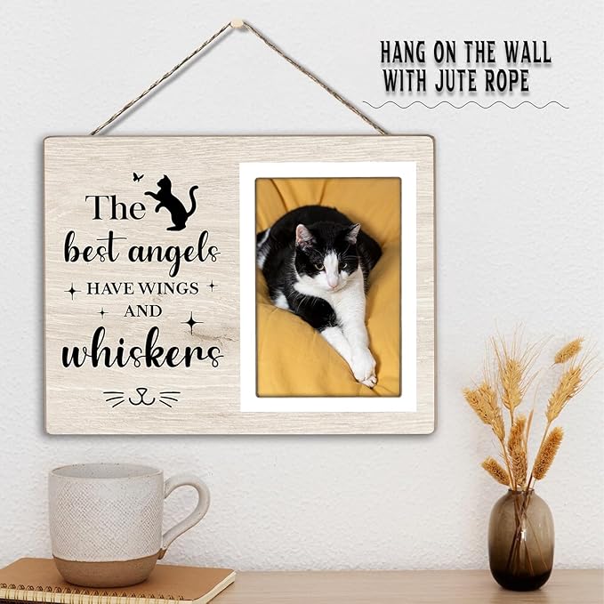 Cat Picture Frame, Cat Memorial Wooden Photo Frame, Pet Remembrance Gift, Sympathy Gift for Pet Owner, Cat Memorial Gifts for Loss of Cat, The Best Angels Have Wings and Whiskers (Beige, 4 x 6 Photo)
